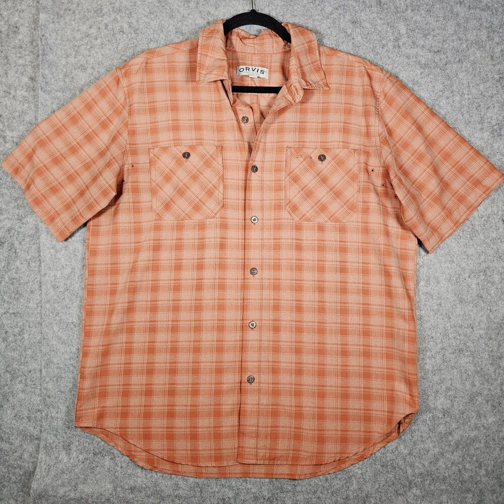 Orvis Mens Orange Plaid Button Up Shirt Sleeve Casual Fishing Shirt Size Large